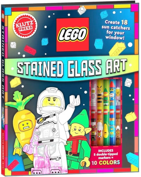 LEGO stained glass art kit packaging with colorful design and LEGO characters.
